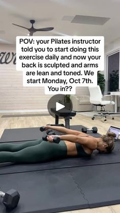 a woman laying on top of a yoga mat in front of a laptop computer with the caption pov your pilates instructor told you to start doing this exercise daily and now