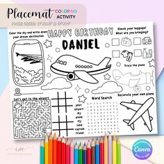 a coloring page with the words happy birthday danielle and an airplane in the sky on it