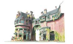 an artistic drawing of a house with vines growing on it's roof and windows