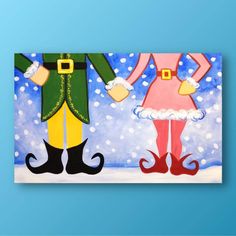 a painting of two people dressed as santa and mrs claus in front of snow flakes