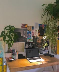 a laptop computer sitting on top of a wooden desk next to a potted plant