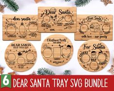 six wooden coasters with different designs on them and the text dear santa tray svg bundle