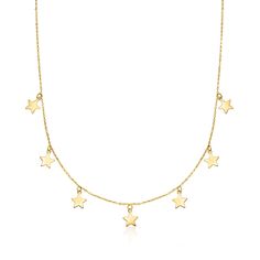 Ross-Simons - Italian 14kt Yellow Gold Multi-Star Charm Necklace. 16". RS Pure. Modern designs that complete your outfit and complement your personality. Wear your wishes around your neck with this dainty star necklace. Shining in polished 14kt yellow gold, this Italian-made necklace is perfect for the stargazer! Simple cable chain with a 2" extender. Springring clasp, 14kt yellow gold multi-star charm necklace. 14k Yellow Gold Necklace With Star Charm, Yellow Gold Diamond Necklace With Star Charm, Yellow Gold Sterling Silver Star Charm Necklace, Delicate Yellow Gold Star Charm Necklace, Yellow Gold Star Necklace With Adjustable Chain, Italian Gold Jewelry, Mixed Metal Bracelets, Pearl Bracelet Gold, Pearl Strands Necklace