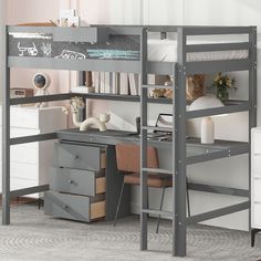 a loft bed with desk and drawers underneath it