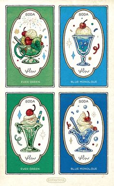 four different colored cards with ice creams and cherries in glass vases on them