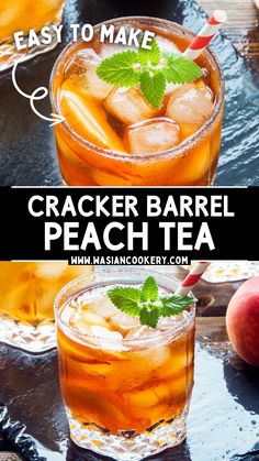 an easy to make cracker barrel peach tea with mint garnish and ice