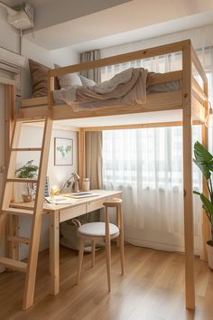 a loft bed with a desk underneath it and a ladder to the upper level above