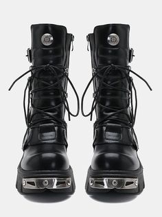 ❤︎Retro metal punk rock platform boots❤︎ Rocker Boots, Spanish Street, White Huaraches, New Rock Boots, Platform Combat Boots, Street Shooting, Punk Shoes, Punk Boots, Black Platform Boots