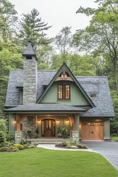 this is an image of a house in the country style with stone and wood accents