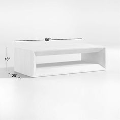 a white coffee table is shown with measurements for the top and bottom shelf on each side