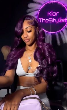 Purple Hair Lace Wig, Birthday Hairstyles For Black Women Lace Front Wigs Color, Purple Wig Styles, Dark Purple Lace Front Wig, Color Lace Front Wigs Dark Skin, Hair Color Ideas For Wigs, Birthday Hair Colors For Black Women, Cute Color Wigs For Black Women, Wig Install Hairstyles Color