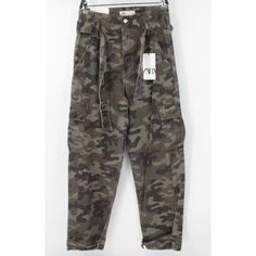 Nwt $69.90 Zara Women's 4 Paper Bag Military Camo Relax Fit 100 % Cotton Brand New With Tag Measurements Done With Item Laying Flat +-0.5" Tag Size 4 Inseam 29.5" Waist 29" Military Camouflage Bottoms With Belt Loops, Camouflage Full-length Utility Pants, Full Length Camouflage Military Bottoms, Military Camouflage Parachute Pants With Pockets, Military Camouflage Relaxed Fit Bottoms, Zara Jeans, Zara Women, Green And Brown, Paper Bag