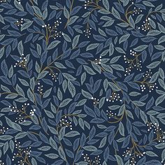 blue leaves and berries on a dark background with white dots in the center, seamlessly