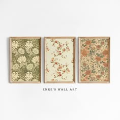 three framed floral wall art on a white wall with the words empe's wall art above them