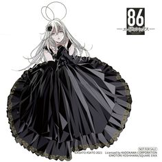 an anime character with long white hair wearing a black dress and holding her hand on her hip