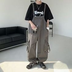 Japanese men's pockets Jumpsuit Overalls Streetwear Wide leg pants trousers casu  | eBay Overalls On Men, Men Fashion Short Guys, Dark Academia Pants Men, Big Shirt Little Pants Outfits, Big Pants Small Shirt Men, Casual Wide Leg Overalls With Side Pockets, Casual Wide-leg Overalls With Side Pockets, Casual Overalls With Cargo Pockets For Streetwear, Baggy Overalls With Pockets For Streetwear