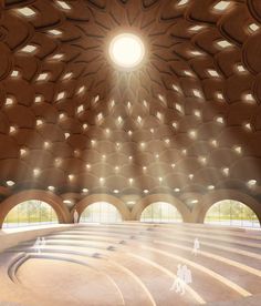 an artisticly designed building with lots of light coming from the ceiling