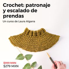 a woman is working on a crochet project with leaves and yarn in front of her