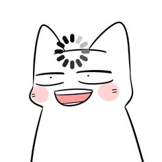 a white cat with pink cheeks and black dots on it's forehead is smiling