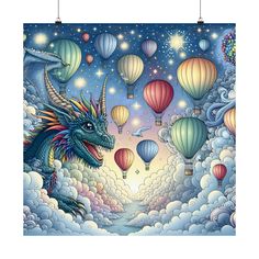 a dragon flying through the sky with hot air balloons