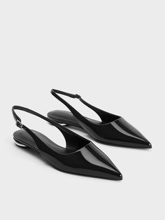 Black Patent Pointed-Toe Slingback Flats - CHARLES & KEITH US Flat Pointed Shoes Outfit, Flat Pointed Shoes, Puddle Pants, Charles And Keith Shoes, Formal Flats, Pointy Flats, Must Have Shoes, Flat Heels, Black Flats Shoes