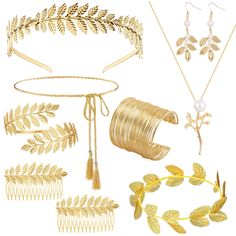 a collection of gold jewelry including bracelets, rings and necklaces with leaves on them