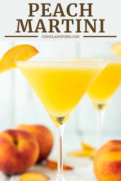 two peach martinis garnished with an orange peel and text overlay that says peach martini