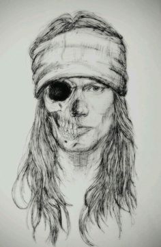 a drawing of a person with long hair and a skull on their head, wearing a bandana