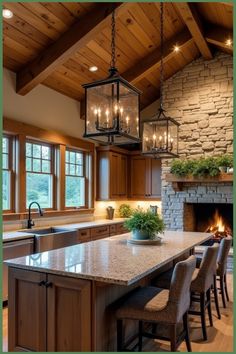 a large kitchen with an island and fireplace