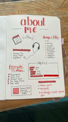 an open notebook with writing on it that says about me and other things to do