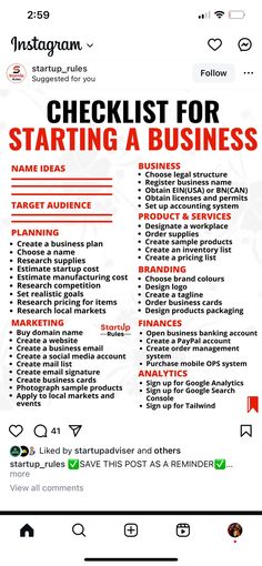 the checklist for starting a business with red and black font on it, along with icons