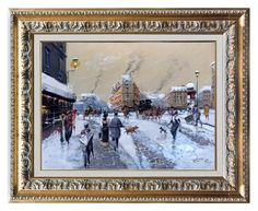 a painting of people walking in the snow