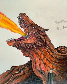 a drawing of a dinosaur with its mouth open and fire coming out of it's mouth