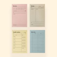 four sheets of paper with numbers and symbols on them, all in pastel colors