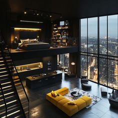 a living room filled with lots of furniture and tall windows overlooking the city at night