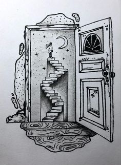 an open door with stairs leading to the moon and stars on it, in front of a