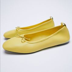 Genuine Zara New With Tag Material: Leather Upper Color: Yellow Happy Clappy Color! Classic Ballet Flats Easy To Match For Most Outfits. I See It With A Pretty Sun Dress Chic Yellow Flats For Spring, Casual Zara Flats, Silver Ballerina Flats, Yellow Ballet Flats, Flat Slingback Shoes, Ballet Flats Outfit, Black Patent Leather Loafers, Lace Up Ballet Flats, Leopard Loafers