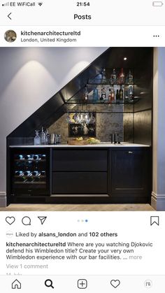 an image of a bar with bottles on the shelves and below it is a photo of someone's home