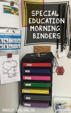 a bunch of folders are stacked on top of each other with the words special education morning binders above them