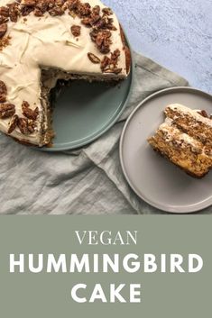 vegan hummingbird cake with white frosting and pecans on the top, sitting on a plate