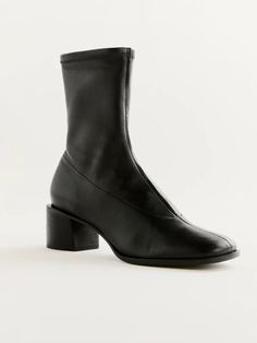 Louie Stretch Sock Bootie - Suede Sustainable Shoes | Reformation Boots For Work, Office Boots, Sock Bootie, Sustainable Shoes, Low Heel Boots, Boots Square Toe, Boots For Women, Heel Boots, Mid Heel