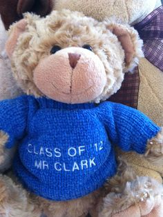 a teddy bear wearing a blue sweater with the class of 12 mr clark written on it