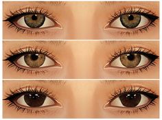 four different views of an eye with long lashes and brown eyes, showing the various stages of