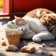 a cat laying on the ground next to an ice cream cone