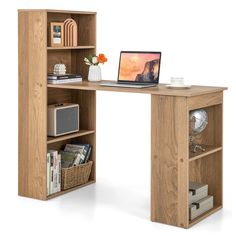 a laptop computer sitting on top of a wooden book case next to a shelf filled with books