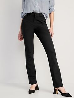 Online exclusive! The Pixie pants you love, now in a more fabulous fit & fabric ✨ Double hook-and-bar closures and zip fly.  Diagonal on-seam pockets at front; decorative welt faux-pockets at back.  Clever Secret-Smooth front pockets hold you in fo Flare Pants Black, Old Navy Boots, Old Navy Leggings, Navy Dress Pants, Pixie Pants, Old Navy Maternity, Black Flare, Flare Leggings, Old Navy Women