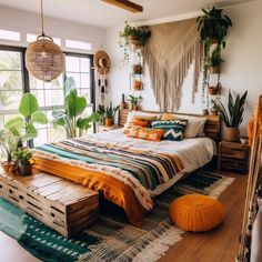 a bed room with a neatly made bed and lots of plants