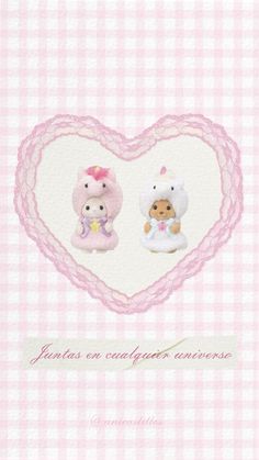 two teddy bears in a heart shaped frame on pink gingham paper with words written below