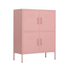 a pink metal locker with two doors