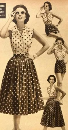 Vintage catalogue for a polka dot summer travel wardrobe Polka Dot Dresses, 1950 Fashion, Well Dressed Women, Retro Mode